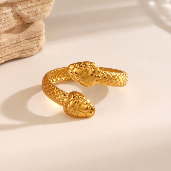 3/$35 18K Gold Plated Double Head Snake Adjustable Open Ring Statement Jewelry - Picture 5 of 6